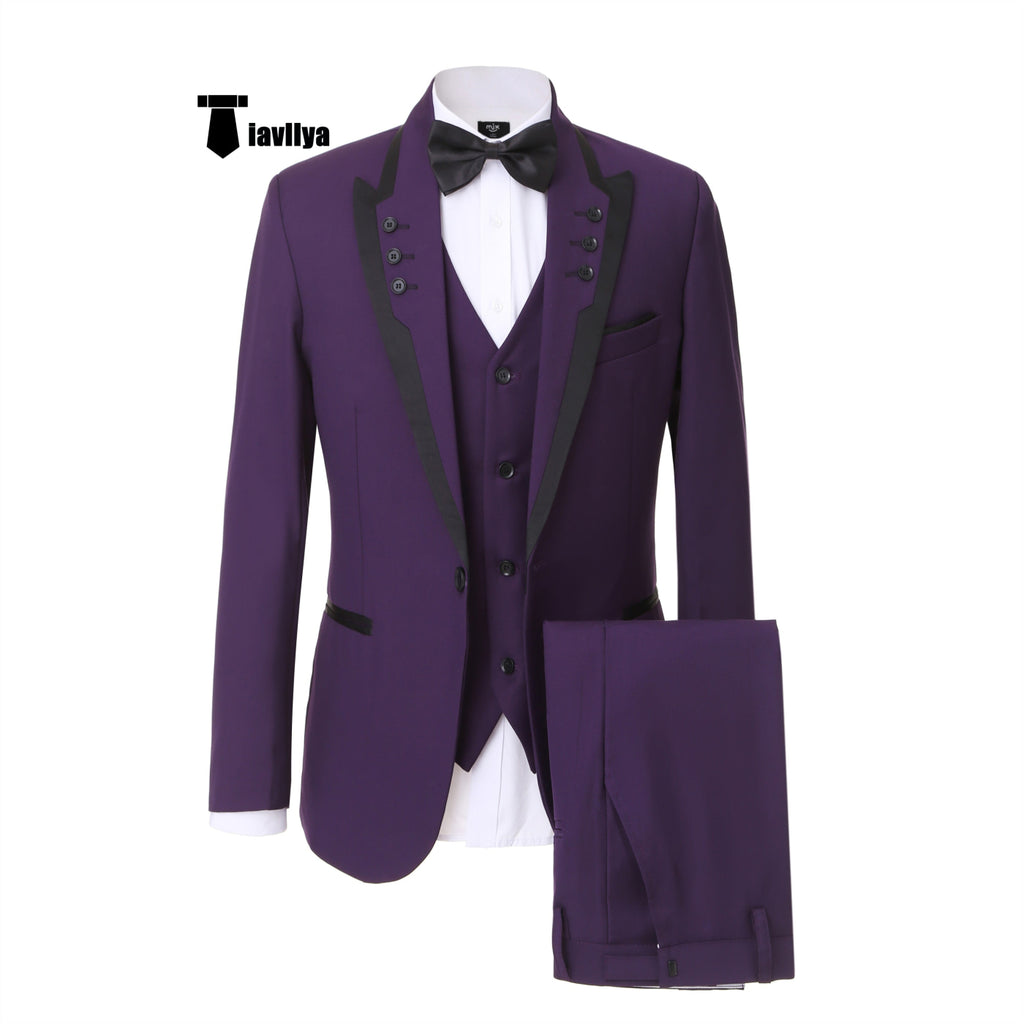 Formal 3 Pieces Mens Suit Flat Shawl Lapel Tuxedos For Wedding (Blazer + Vest + Pants） Xs / Dark