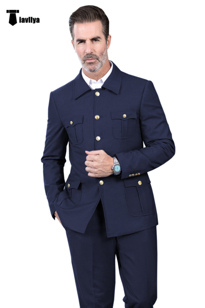 Fashion Men’s 2 Pieces Mens Suit Stand Lapel Flat Tuxedos (Blazer + Pants) Xs / Navy Suit