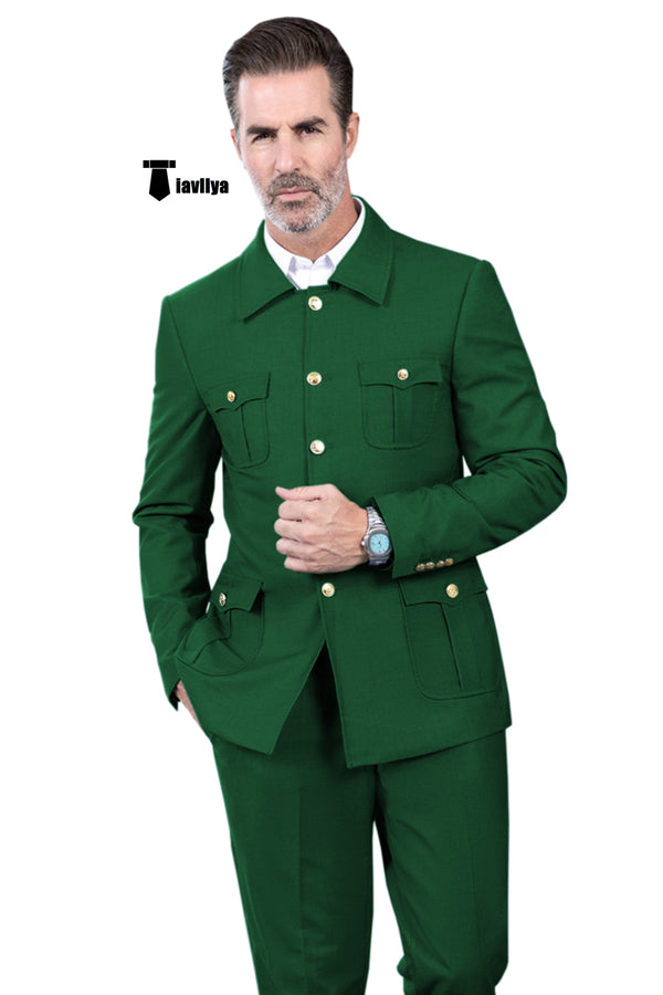 Fashion Men’s 2 Pieces Mens Suit Stand Lapel Flat Tuxedos (Blazer + Pants) Xs / Green Suit