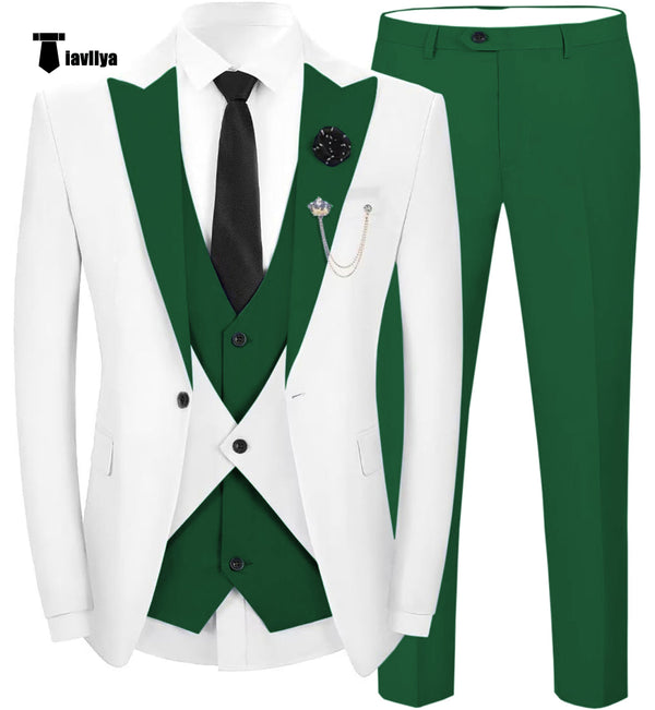 Fashion Men’s Suits Slim Fit 3 Pieces Peak Lapel Tuxedos (White Blazer + Vest + Pant) Xs / Green