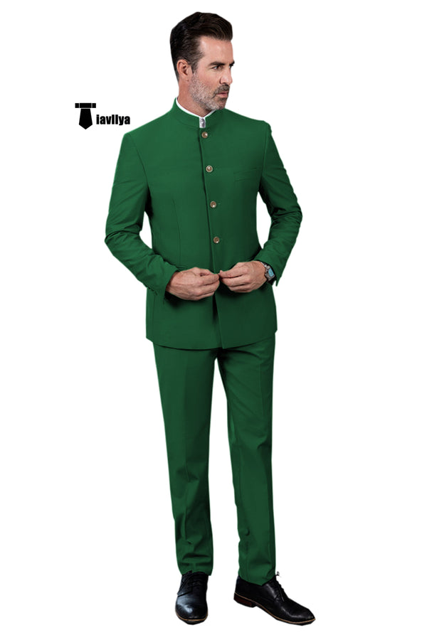 Fashion 2 Piece Men’s Slim Fit Solid Color Stand Collar Suit (Blazer + Pants） Xs / Green Pieces Suit