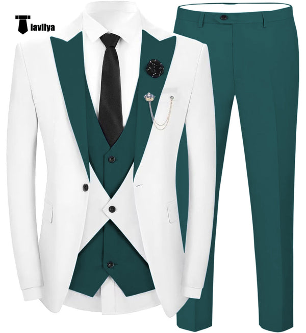 Fashion Men’s Suits Slim Fit 3 Pieces Peak Lapel Tuxedos (White Blazer + Vest + Pant) Xs / Teal