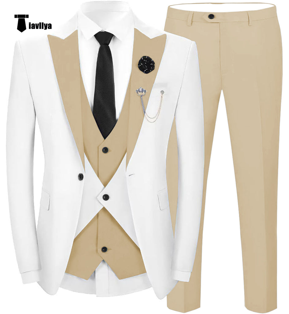 Fashion Men’s Suits Slim Fit 3 Pieces Peak Lapel Tuxedos (White Blazer + Vest + Pant) Xs /