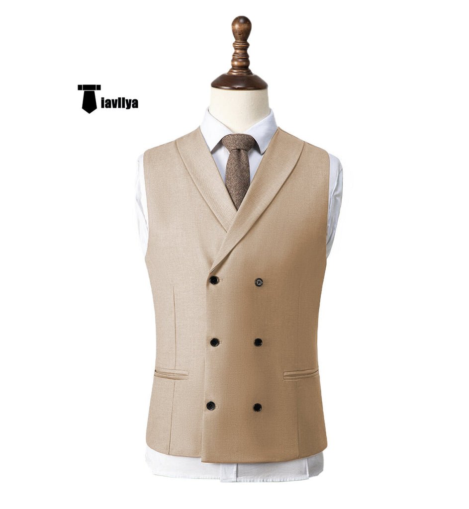 Fashion Men’s Suit Vest Regular Fit Shawl Lapel Waistcoat Wedding Xs / Beige