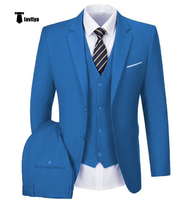 Casual Men’s 3 Pieces Mens Suit Notch Lapel Flat Tuxedos (Blazer + Vest + Pants) Xs / Blue Pieces