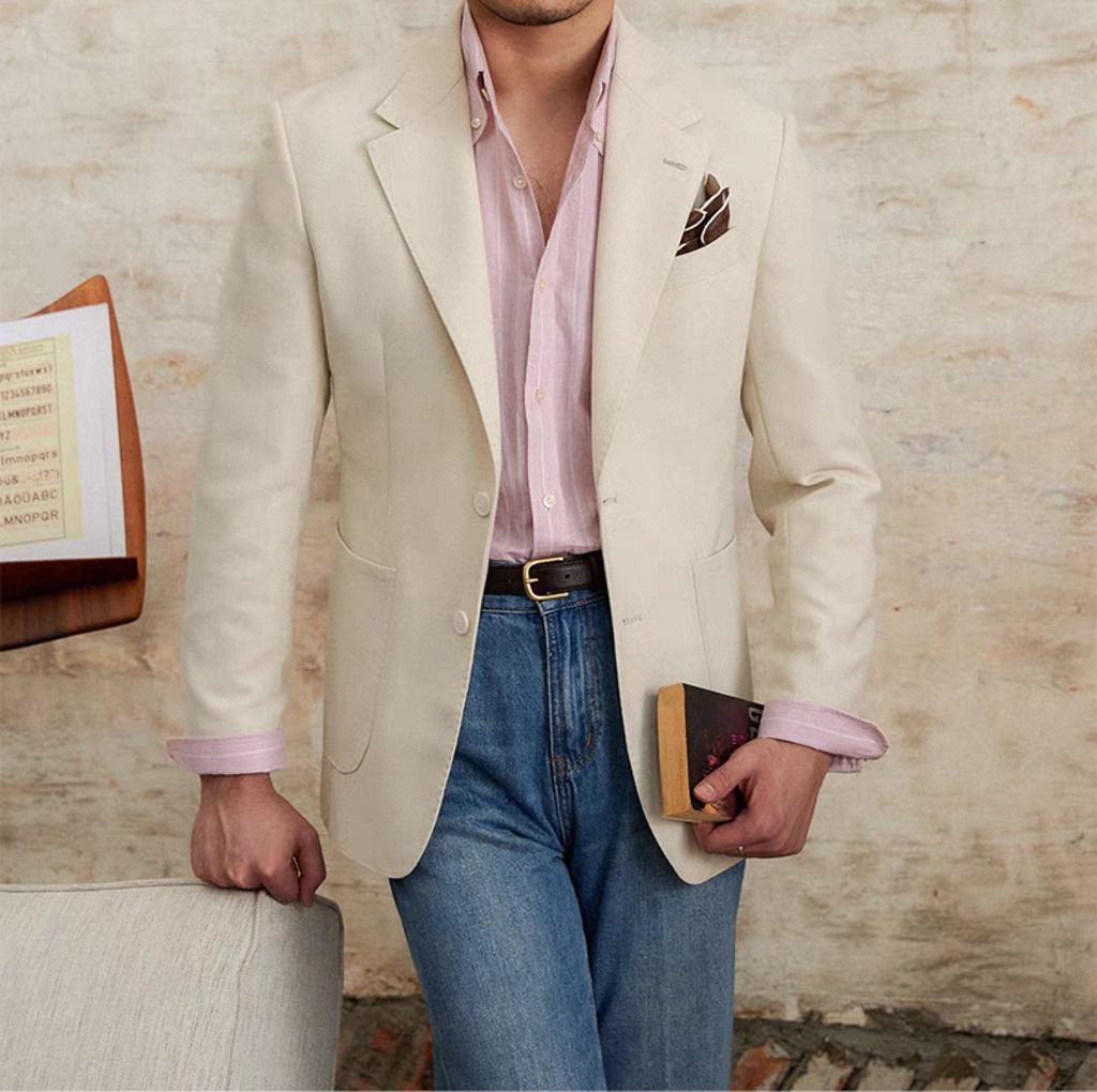 Fashion Men’s 2 Pieces Mens Blazer Notch Lapel Linen For Wedding