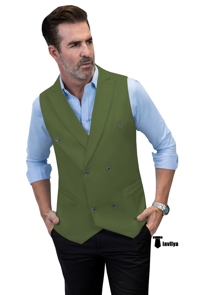 Fashion Men’s Suit Vest Regular Fit Peak Lapel Waistcoat Wedding Xs / Olive Green