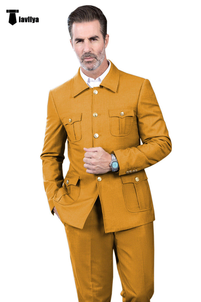 Fashion Men’s 2 Pieces Mens Suit Stand Lapel Flat Tuxedos (Blazer + Pants) Xs / Gold Suit