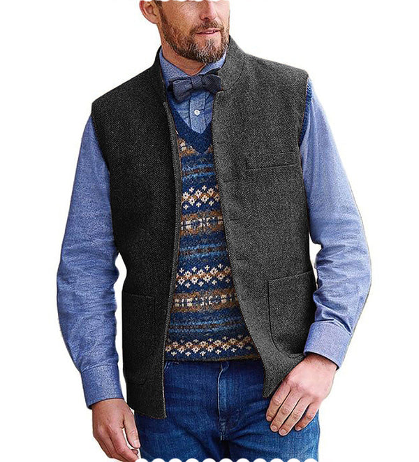 Suit Vest - Men's Slim Fit Herringbone Stand Collar Waistcoat