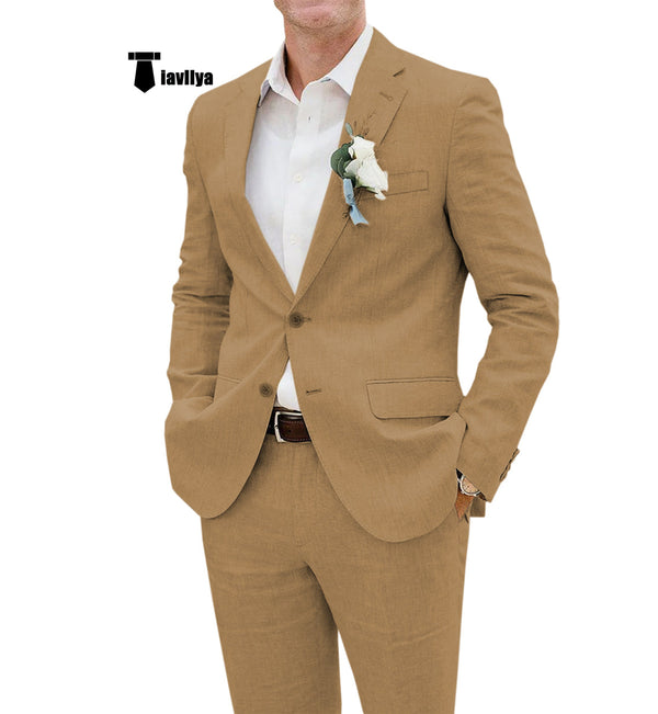 Casual Men’s 2 Pieces Suit Notch Lapel Linen For Wedding (Blazer + Pants) Xs / Brown Pieces Suit