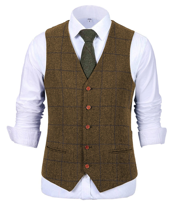 Suit Vest - Formal Men's Suit Vest Plaid Tweed V Neck Waistcoat