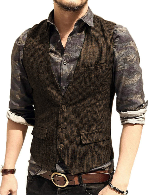 Suit Vest - Vintage Classical Mens Regular Fit Tweed Herringbone V Neck Waistcoat