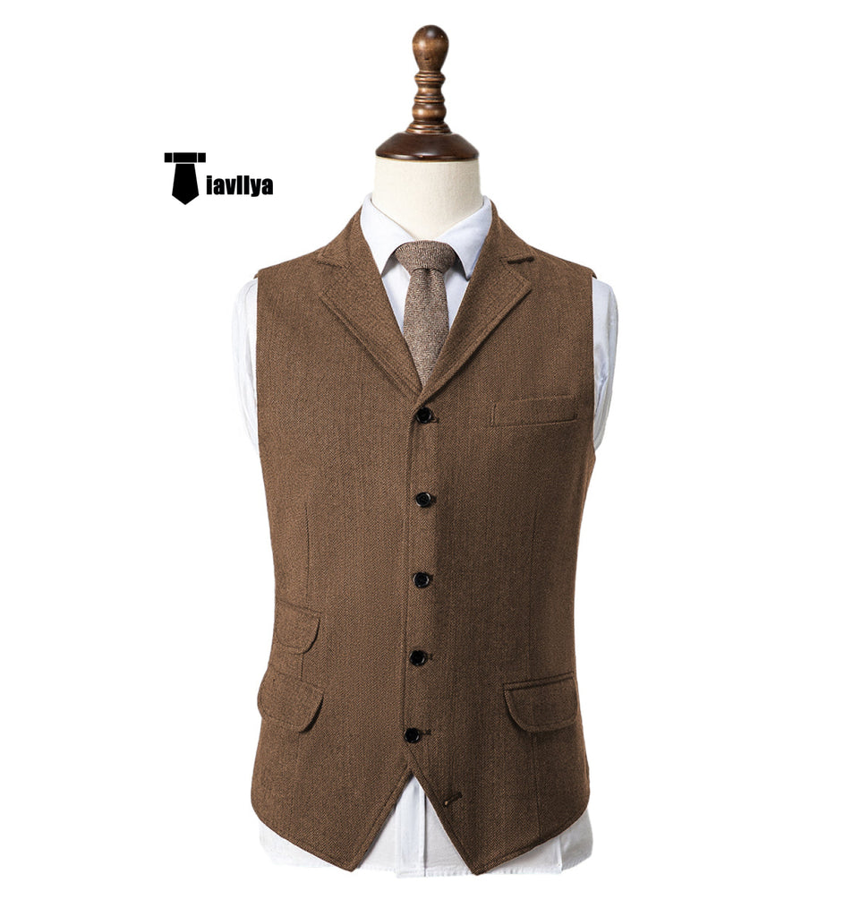 Vintage Classical Men’s Classic Tweed Herringbone Notch Lapel Waistcoat Xs / Brown Suit Vest