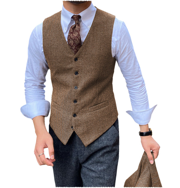 Suit Vest - Vintage Classical Mens Regular Fit Tweed Herringbone V Neck Waistcoat