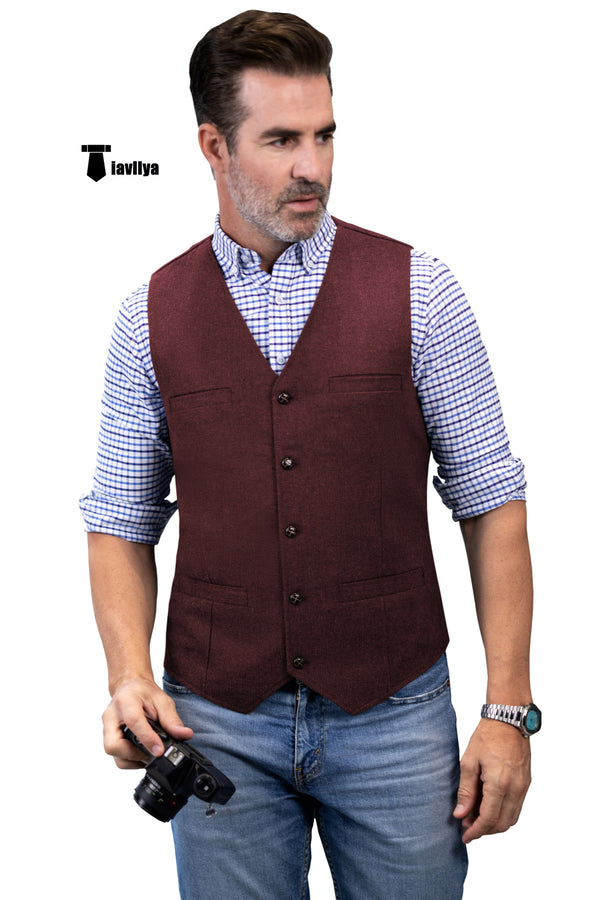 Formal Men’s Tweed Herringbone V Neck Waistcoat Xs / Burgundy Suit Vest