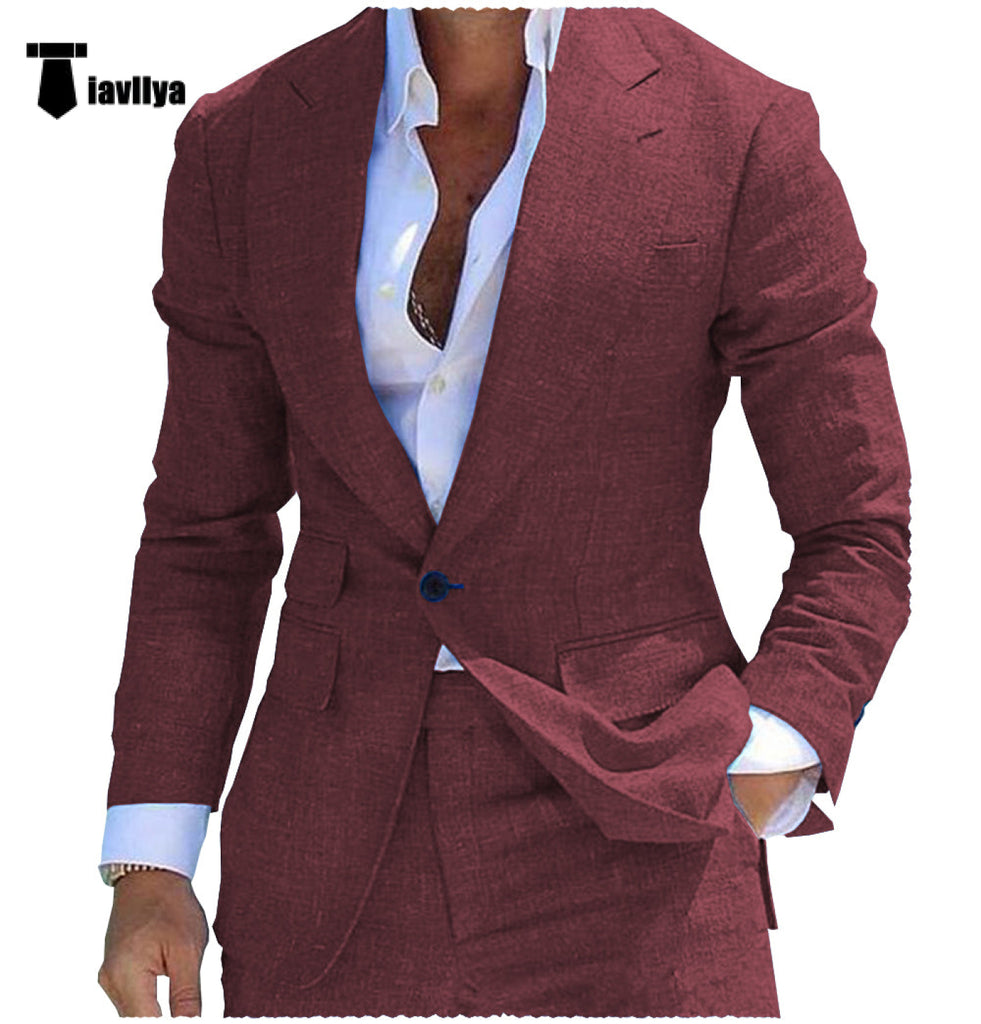 Fashion Men’s 2 Pieces Mens Suit Peak Lapel Linen For Wedding (Blazer + Pants) Xs / Burgundy