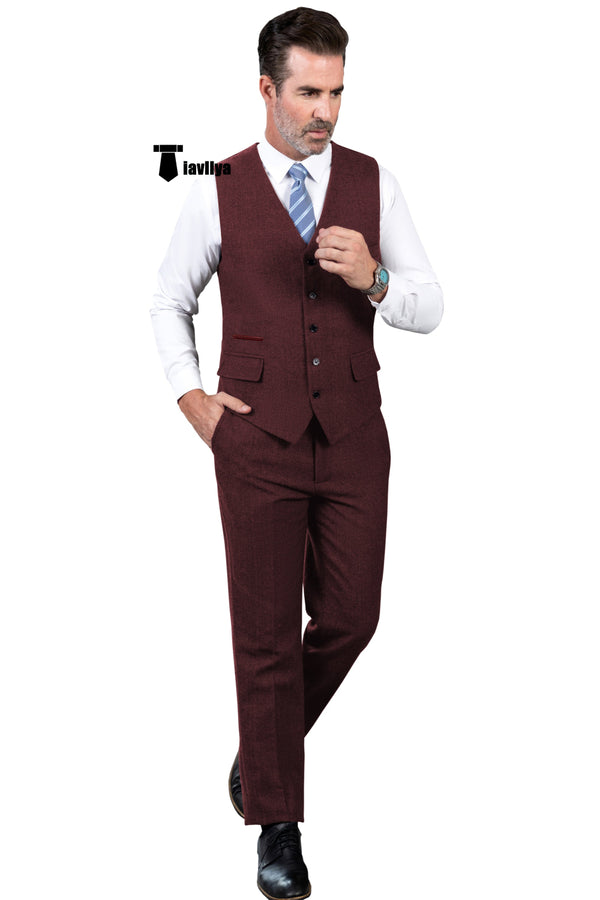 Vintage Classical 2 Pieces Mens Suit Herringbone V Neck Vest For Wedding (Vest + Pants) Xs /