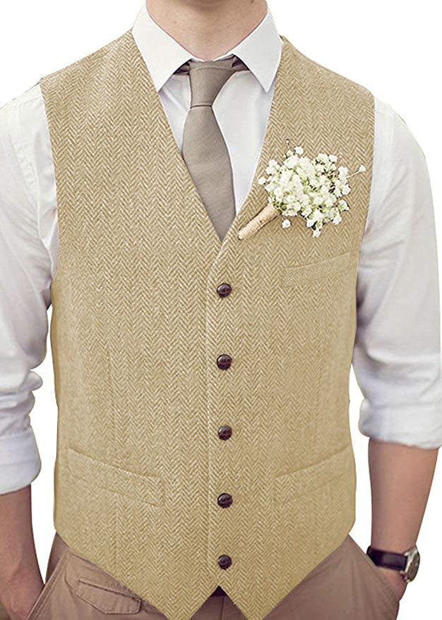 Suit Vest - Vintage Classical Mens Regular Fit Tweed Herringbone V Neck Waistcoat