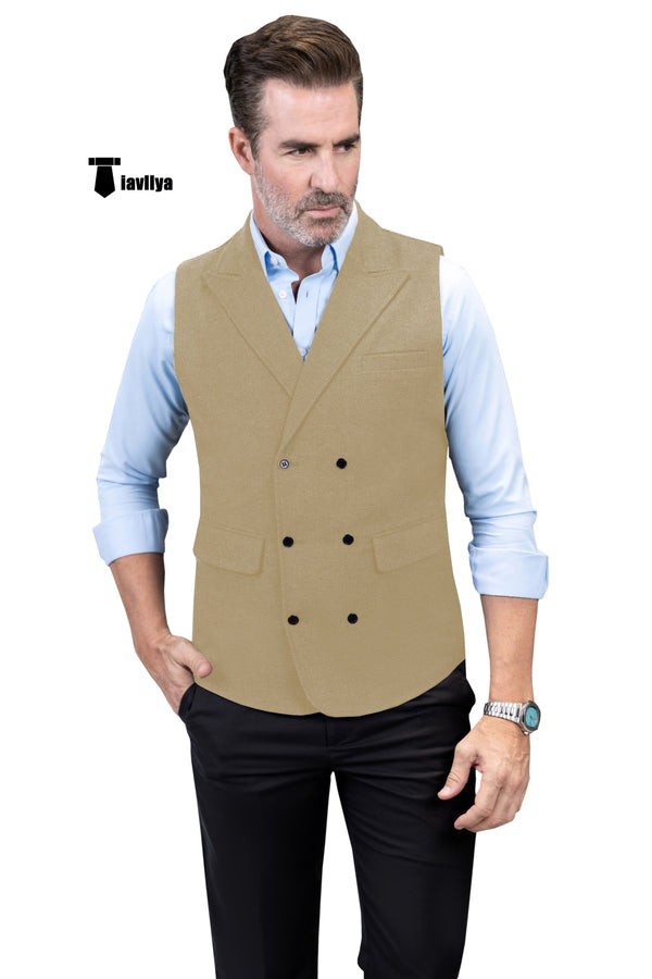 Casual Men’s Classic Tweed Herringbone Peak Lapel Waistcoat Xs / Champagne Suit Vest