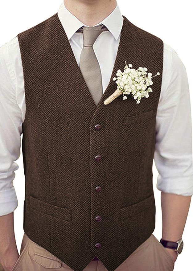 Suit Vest - Vintage Classical Mens Regular Fit Tweed Herringbone V Neck Waistcoat