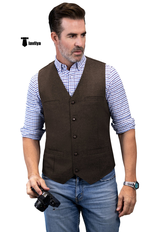 Formal Men’s Tweed Herringbone V Neck Waistcoat Xs / Coffee Suit Vest