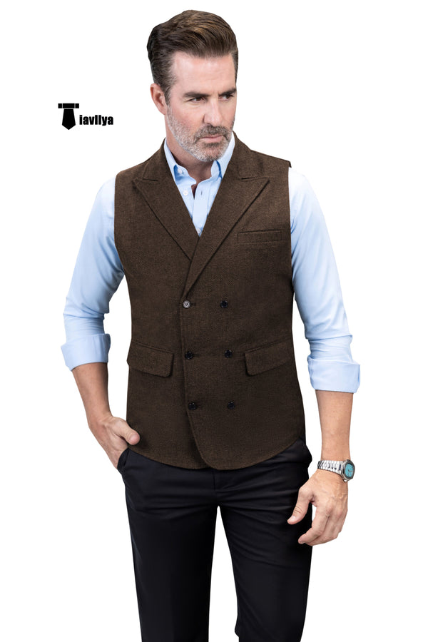 Casual Men’s Classic Tweed Herringbone Peak Lapel Waistcoat Xs / Coffee Suit Vest