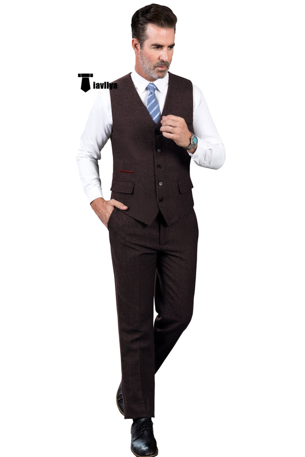 Vintage Classical 2 Pieces Mens Suit Herringbone V Neck Vest For Wedding (Vest + Pants) Xs / Coffee