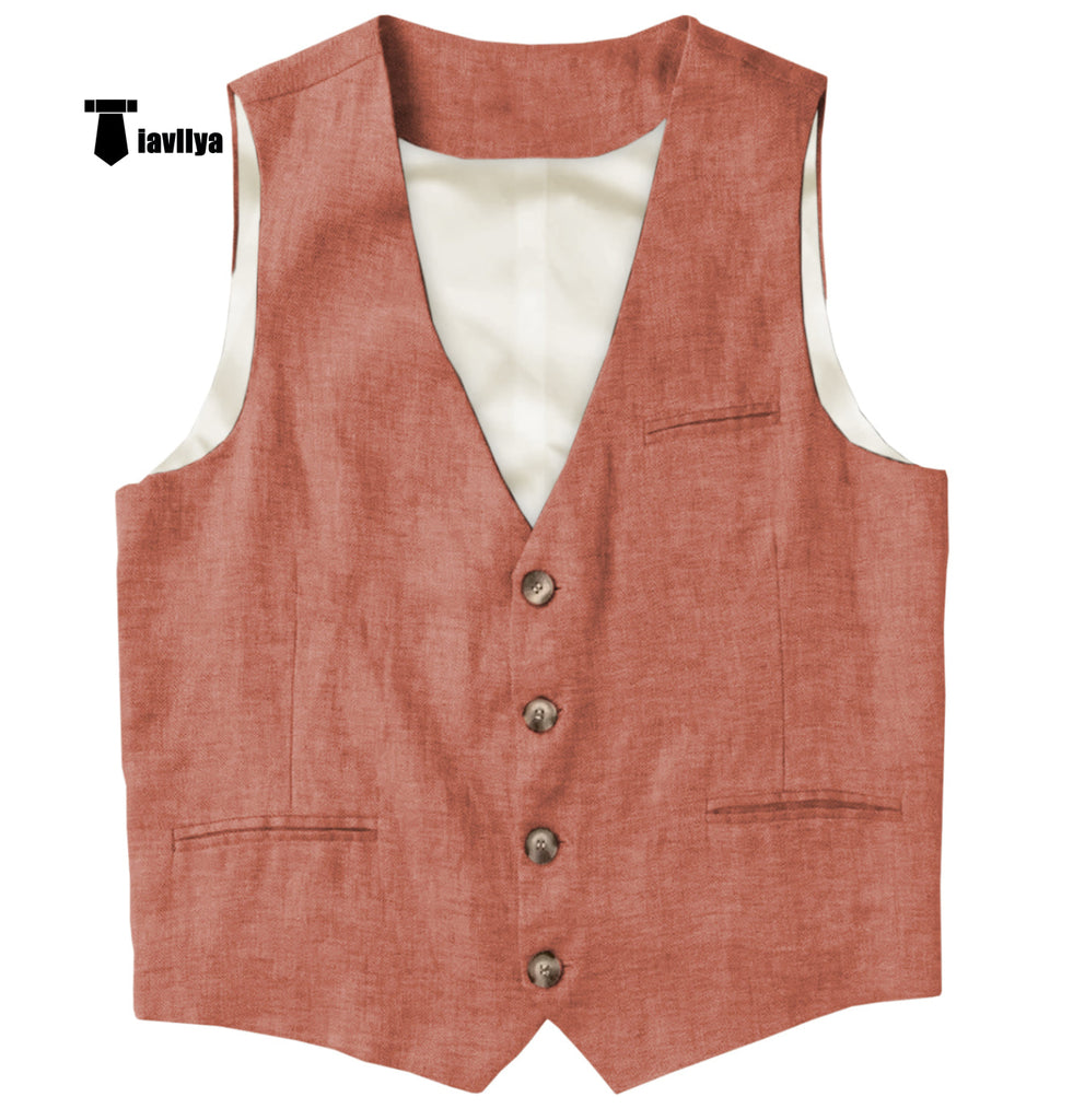 Casual Mens Waistcoat Flat Linen V Neck Waistcoat For Wedding Xs / Coral Suit Vest