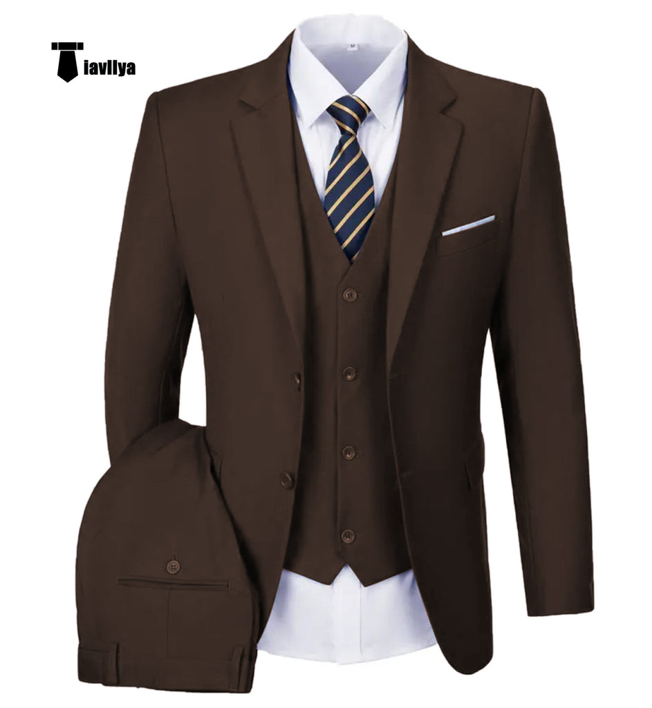 Casual Men’s 3 Pieces Mens Suit Notch Lapel Flat Tuxedos (Blazer + Vest + Pants) Xs / Coffee