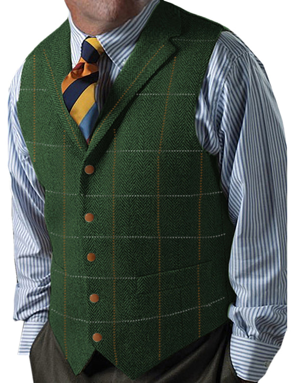 Suit Vest - Men's Casual Slim Fit Plaid Tweed Herringbone Notch Lapel Waistcoat