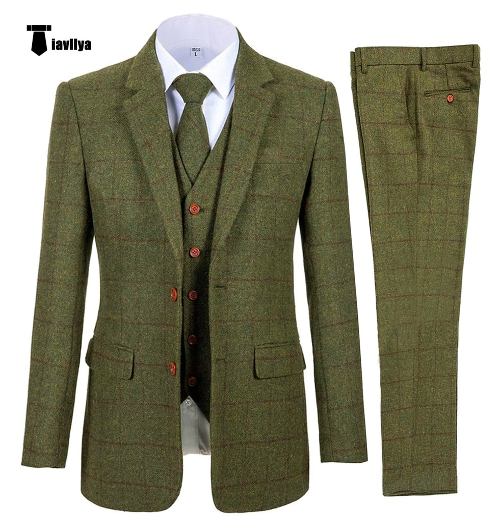 3 Pieces Suit - Fashion Men's 3 Pieces Tweed Plaid Notch Lapel Suit (Blazer+vest+Pants)