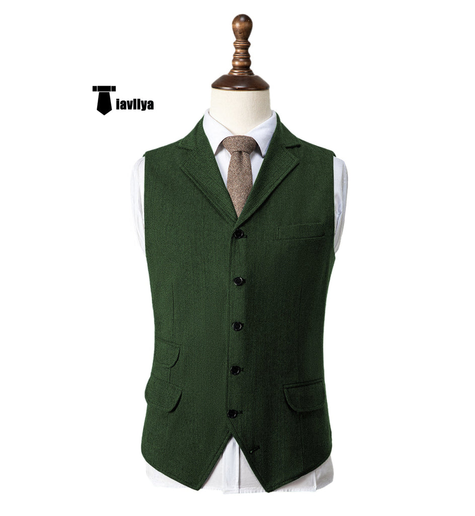 Vintage Classical Men’s Classic Tweed Herringbone Notch Lapel Waistcoat Xs / Green Suit Vest