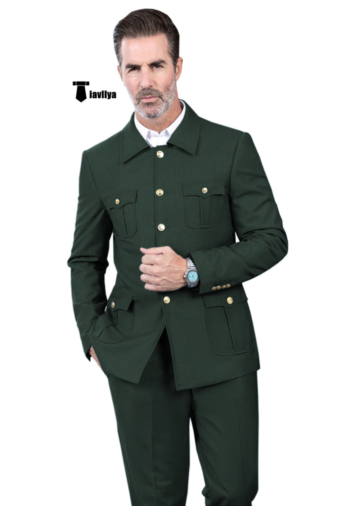 Fashion Men’s 2 Pieces Mens Suit Stand Lapel Flat Tuxedos (Blazer + Pants) Xs / Hunt Green Suit