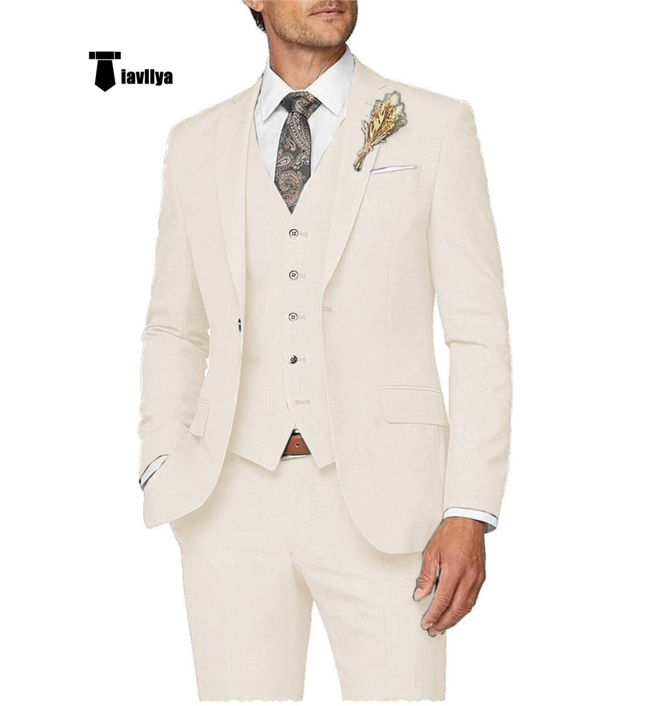 Casual Men’s 3 Pieces Mens Suit Notch Lapel Linen For Wedding (Blazer + Vest + Pants) Xs / Ivory