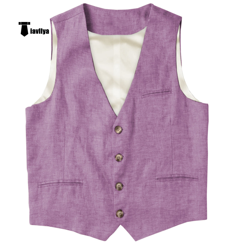 Casual Mens Waistcoat Flat Linen V Neck Waistcoat For Wedding Xs / Lavender Suit Vest