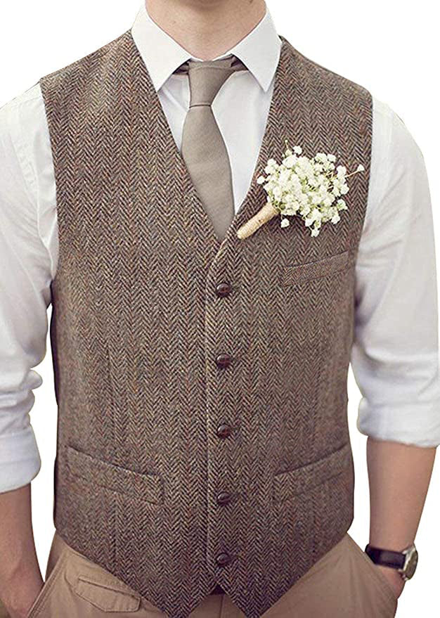 Suit Vest - Vintage Classical Mens Regular Fit Tweed Herringbone V Neck Waistcoat