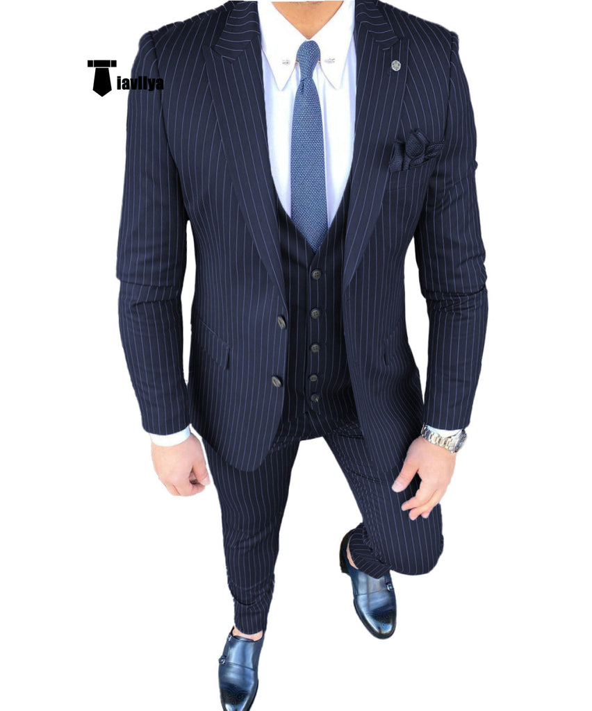 3 Pieces Suit - Fashion Men's 3 Pieces Slim Fit Striped Peak Lapel Tuxedos (Blazer+vest+Pants)