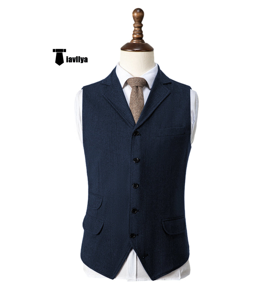 Vintage Classical Men’s Classic Tweed Herringbone Notch Lapel Waistcoat Xs / Navy Suit Vest