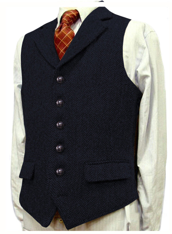 Suit Vest - Vintage Classical Men's Classic Tweed Herringbone Notch Lapel Waistcoat