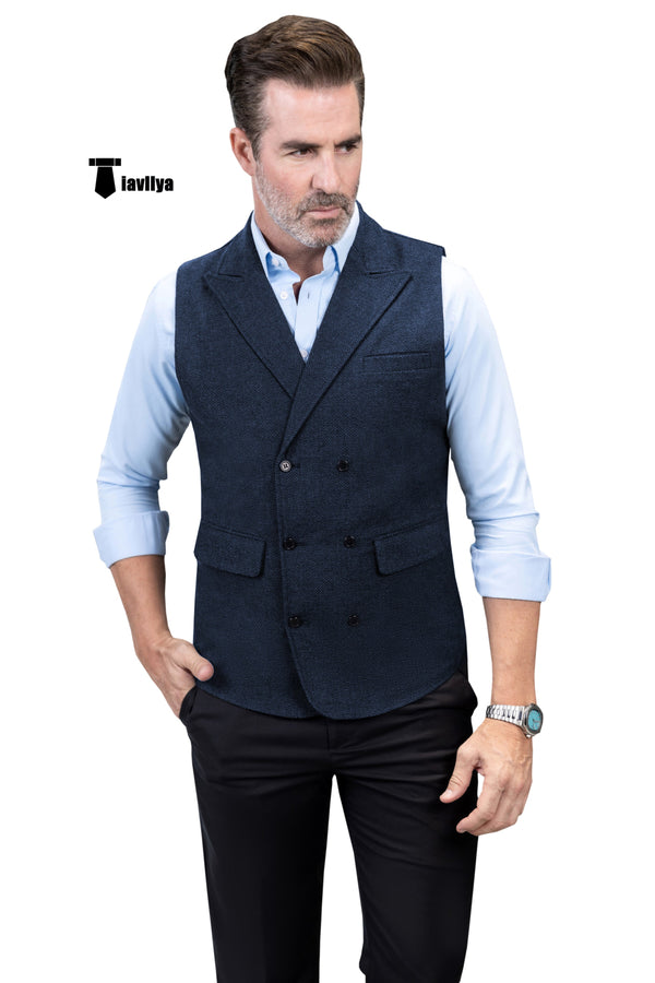 Casual Men’s Classic Tweed Herringbone Peak Lapel Waistcoat Xs / Navy Suit Vest