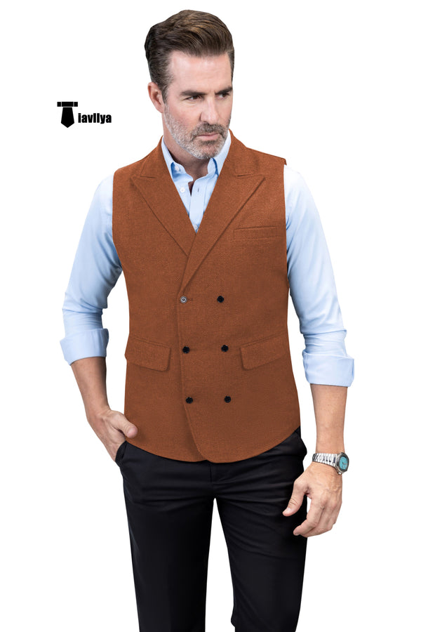 Casual Men’s Classic Tweed Herringbone Peak Lapel Waistcoat Xs / Orange Suit Vest