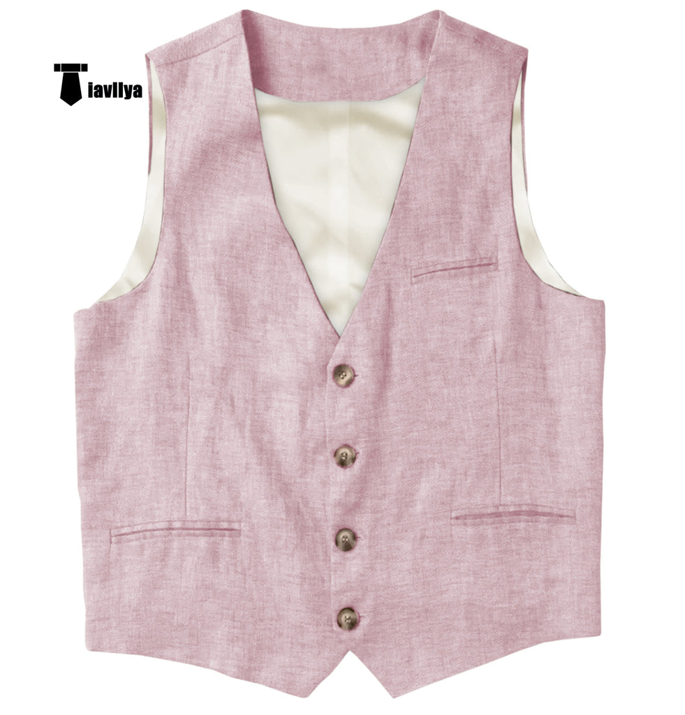 Casual Mens Waistcoat Flat Linen V Neck Waistcoat For Wedding Xs / Pink Suit Vest