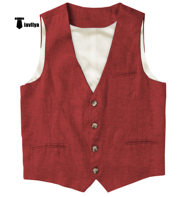 Casual Mens Waistcoat Flat Linen V Neck Waistcoat For Wedding Xs / Red Suit Vest