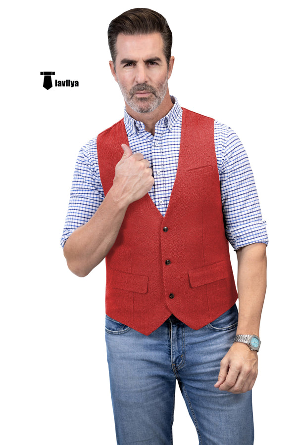 Casual Men’s Herringbone V Neck Waistcoat Xs / Red Suit Vest