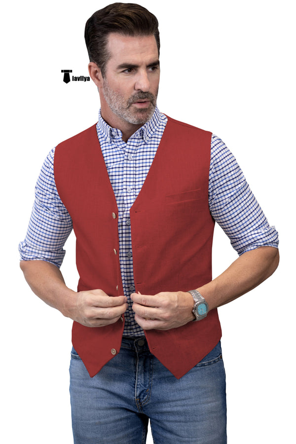 Mens Waistcoat Flat Linen V Neck Waistcoat For Wedding Xs / Red Suit Vest