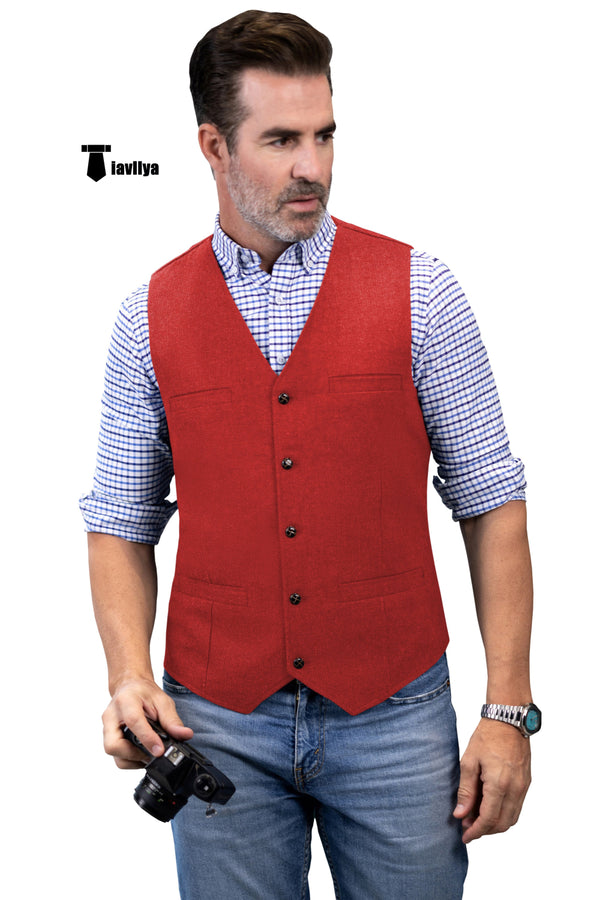 Formal Men’s Tweed Herringbone V Neck Waistcoat Xs / Red Suit Vest