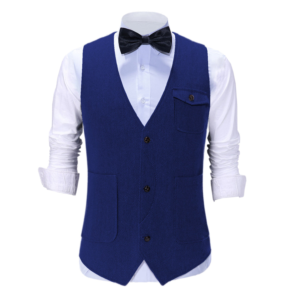 Suit Vest - Vintage Classical Mens Regular Fit Tweed Herringbone V Neck Suit Vest