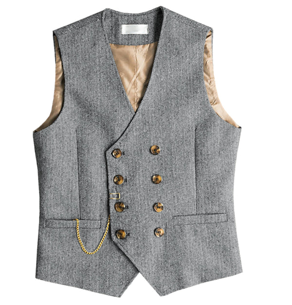 Suit Vest - Men's Casual Double Breasted Tweed Herringbone V Neck Waistcoat