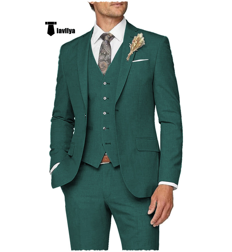 Casual Men’s 3 Pieces Mens Suit Notch Lapel Linen For Wedding (Blazer + Vest + Pants) Xs / Teal