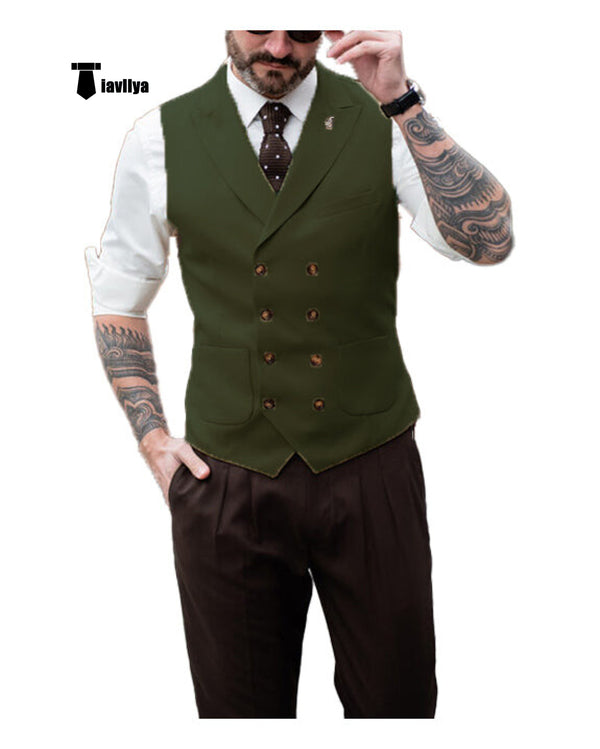 Fashion Men’s Suit Vest Regular Fit Peak Lapel Waistcoat Wedding Xs / Army Green